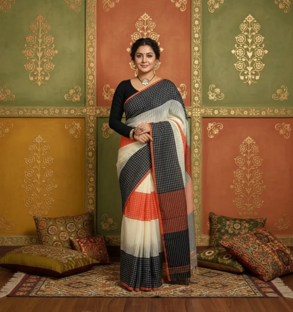 Handloom Ikkat 3D Cotton Saree: Multicolored Checks