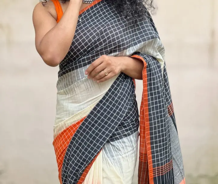 [Saree-MLTCHK-011] Handloom Ikkat 3D Cotton Saree: Multicolored Checks