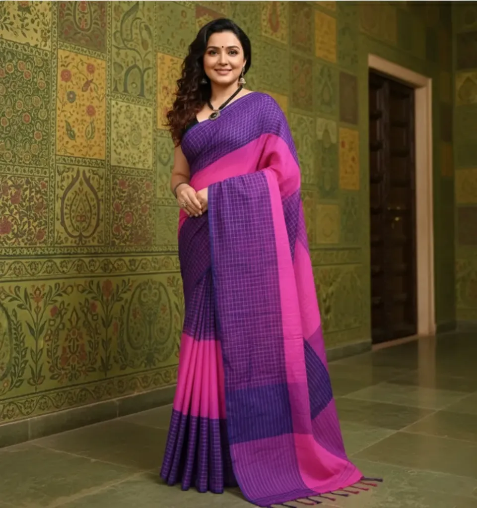 Handloom Ikkat 3D Cotton Saree: VioletChecks