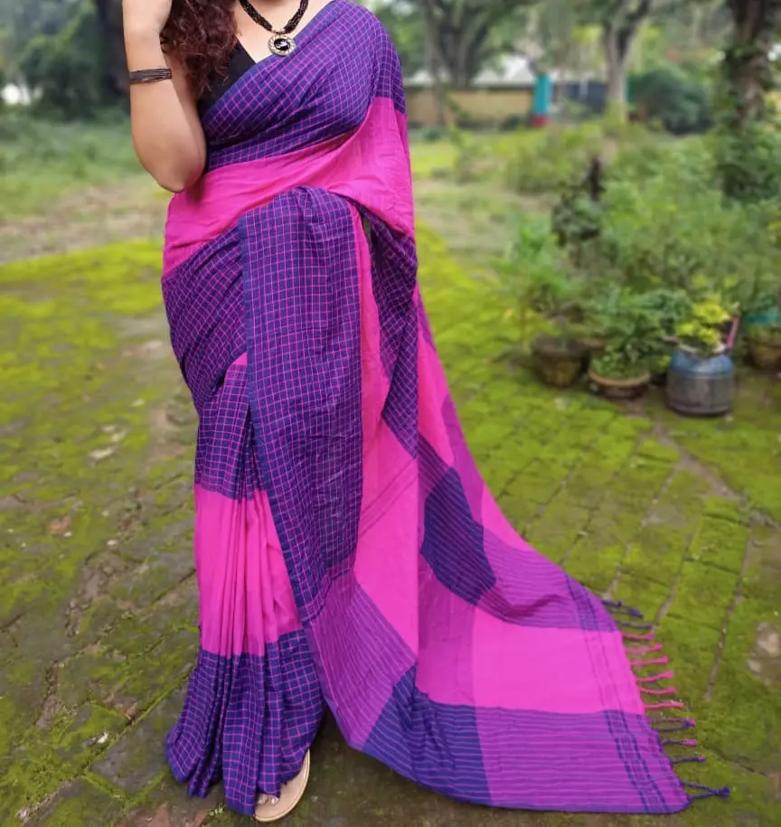 [Saree-VLTCHK-017] Handloom Ikkat 3D Cotton Saree: VioletChecks