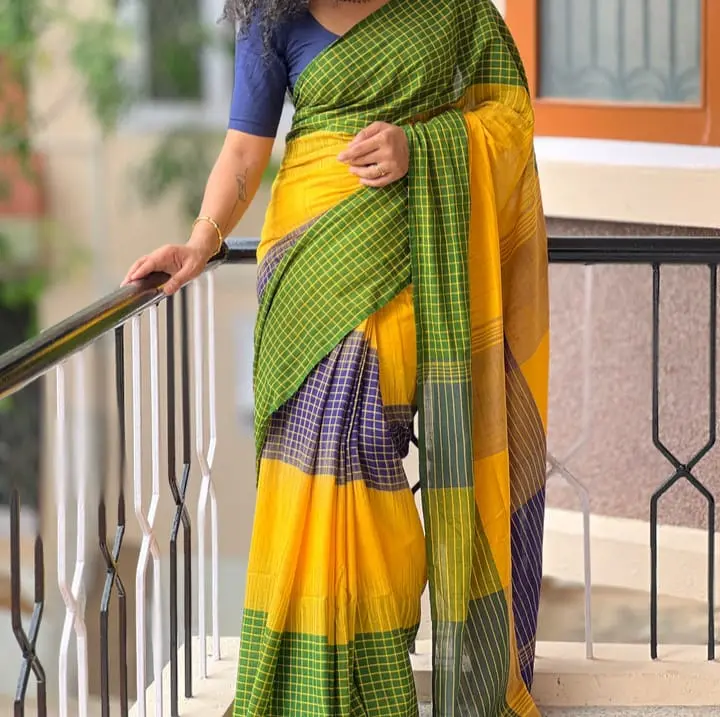 [Saree-SNSFST-016] Handloom Ikkat 3D Cotton Saree: Sunshine & Forest