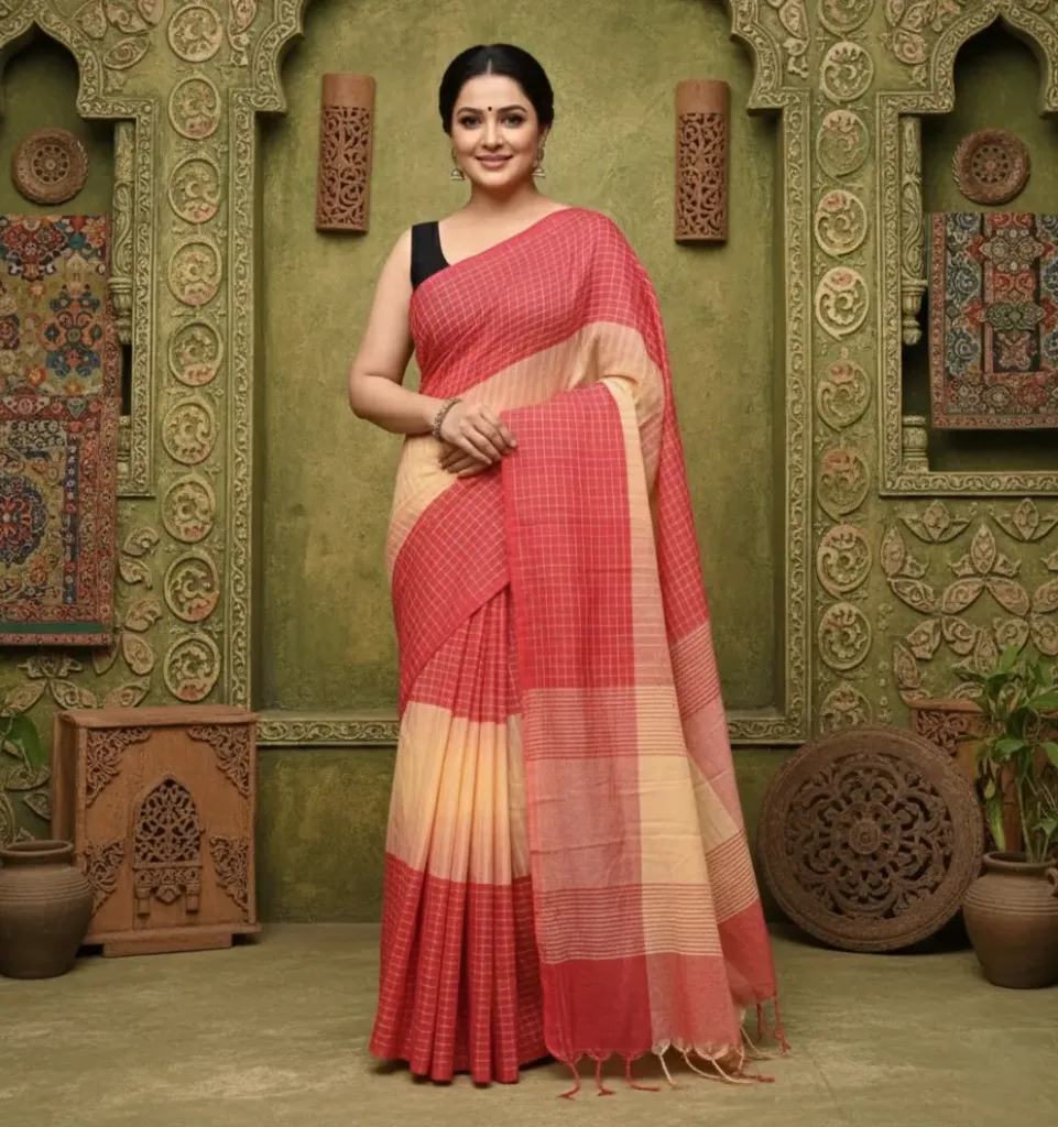 Handloom Ikkat 3D Cotton Saree: Classic Colorblocks