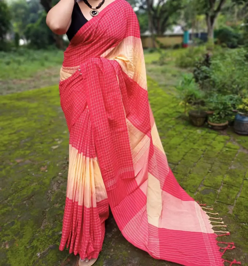 [Saree-CLRBLC-004] Handloom Ikkat 3D Cotton Saree: Classic Colorblocks
