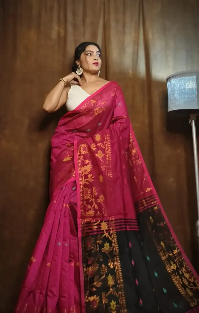 [Saree-RNIPNK-007] Handloom Cotton Silk Derpari Saree - Rani Pink