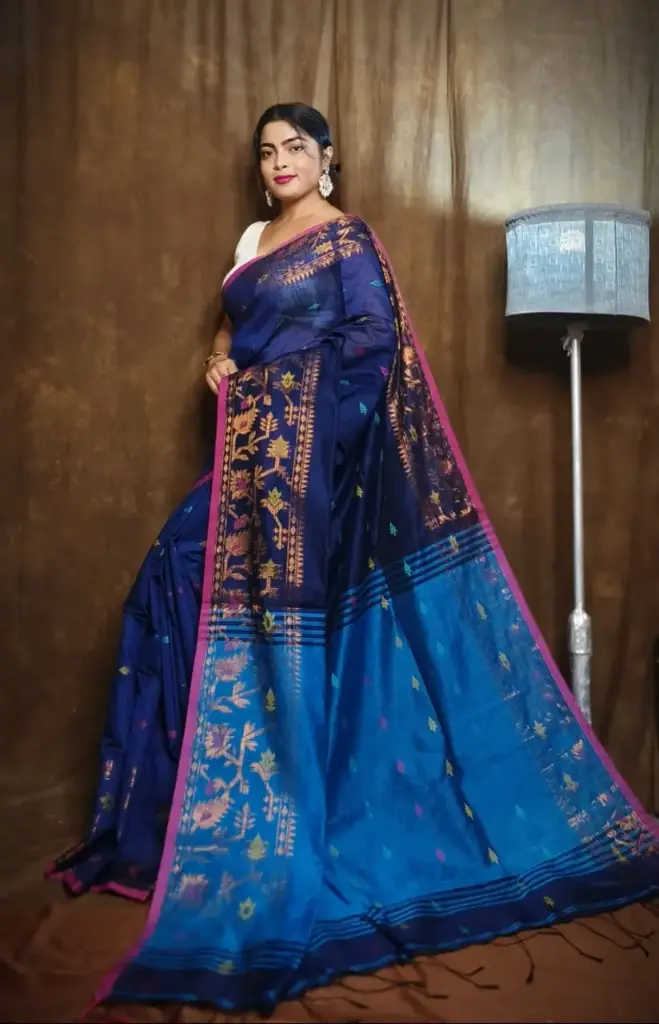 [Saree-MDNTBL-008] Handloom Cotton Silk Derpari Saree - Midnight Blue