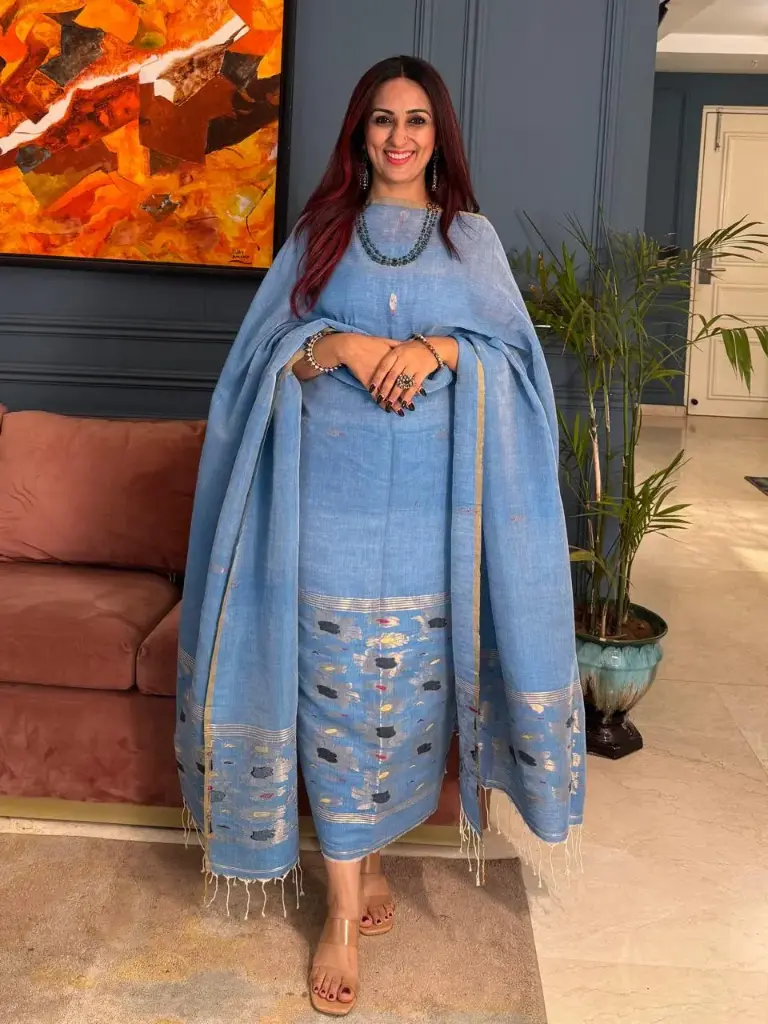 [SuitSet-SKYBLU-031] Elegance Pure Linen Jamdani Suit Set (Sky Blue)