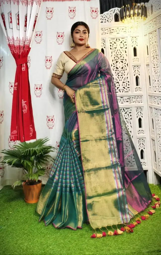 [Saree-GREEN-040] Authentic Handloom Mayeshwari Silk Saree (Green)