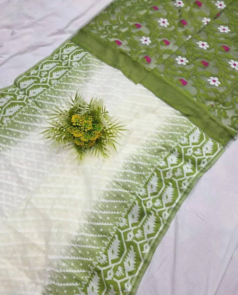 [Saree-IKSDJN-051] Ikkat Korat Soft Dhakai Jamdani Saree (Green)