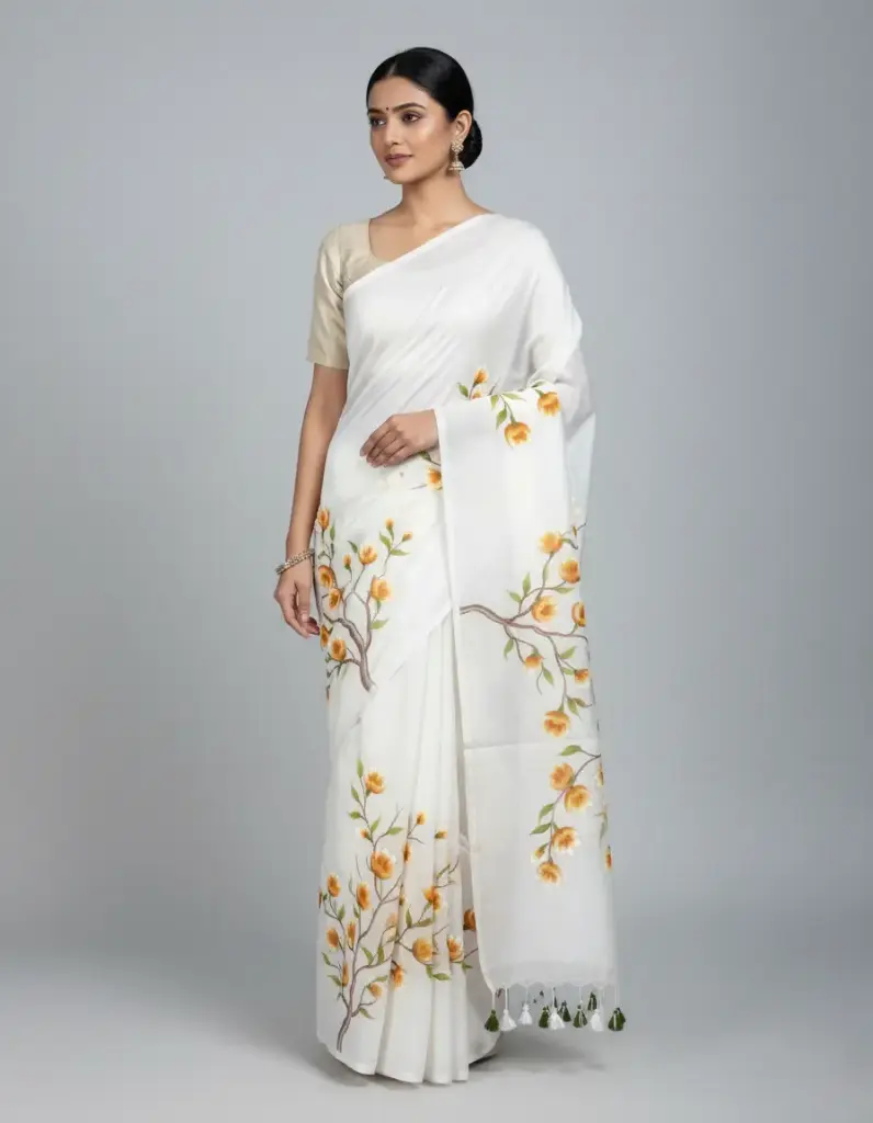 [Saree-PMLOFW-060] Mull Cotton Father Soft Hand Paint Saree (Off-White)