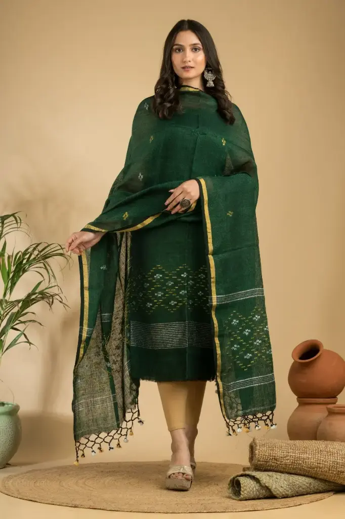 [Suit-LNJGRN-068] Linen Jamdani Suit (Green)