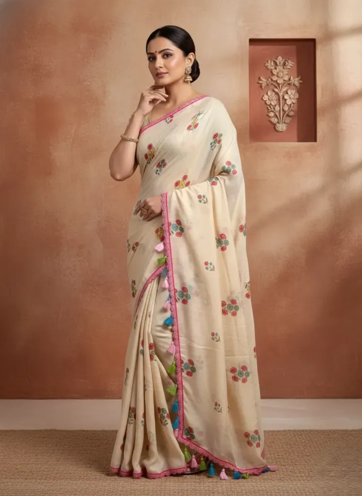 [Saree-MCHFWHT-143]  Mull Cotton Handprinted Flower Less Border Saree