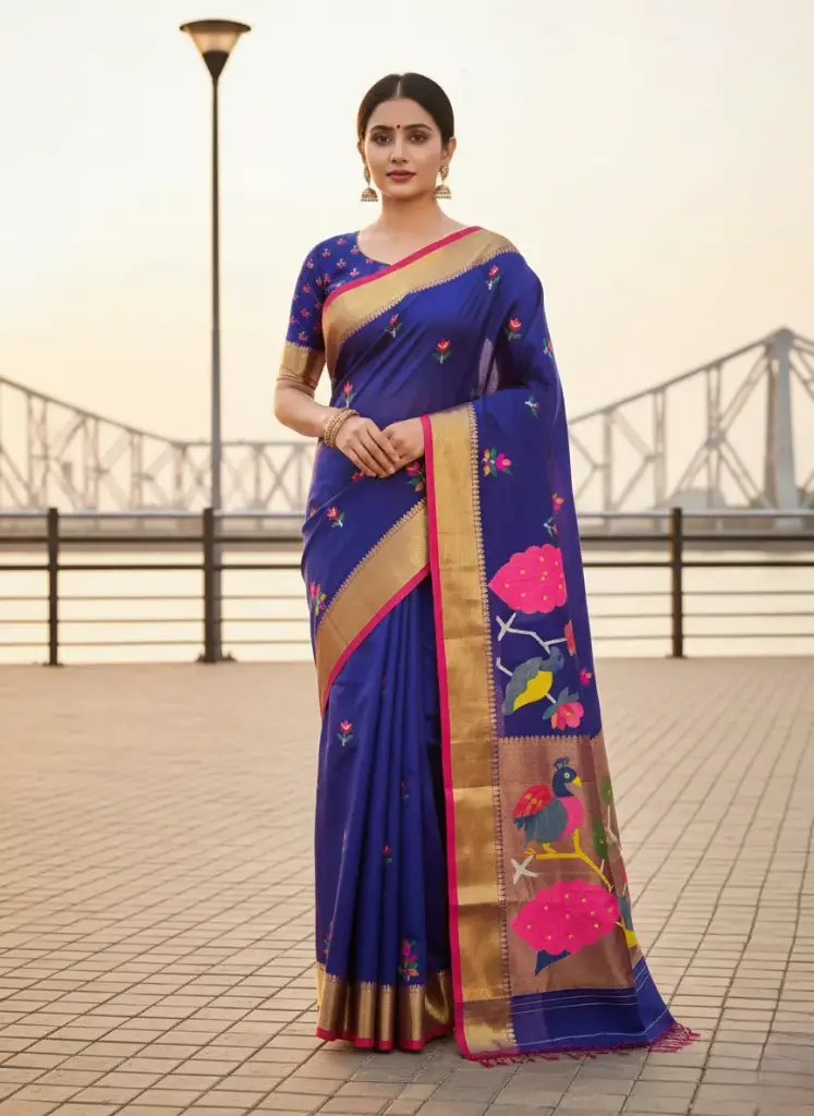 [Saree-MSHWBL-090] Pure Muslin Hand Weaving Saree (Royal Blue)