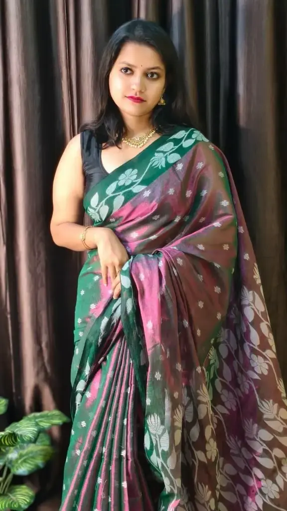 [Saree-STJGRN-097] All Over Soft Tissue Jamdani Saree (Green)