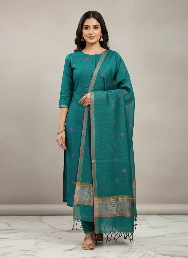 [Suit-LNJASGN-118] New Linen Jamdani Suit (Sea Green)