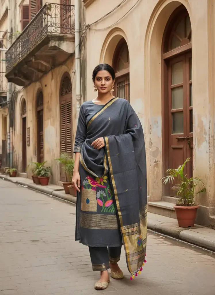 [Suit-JLJSDGY-147] Jayasree Linen Jamdani Suits (Dark Grey)