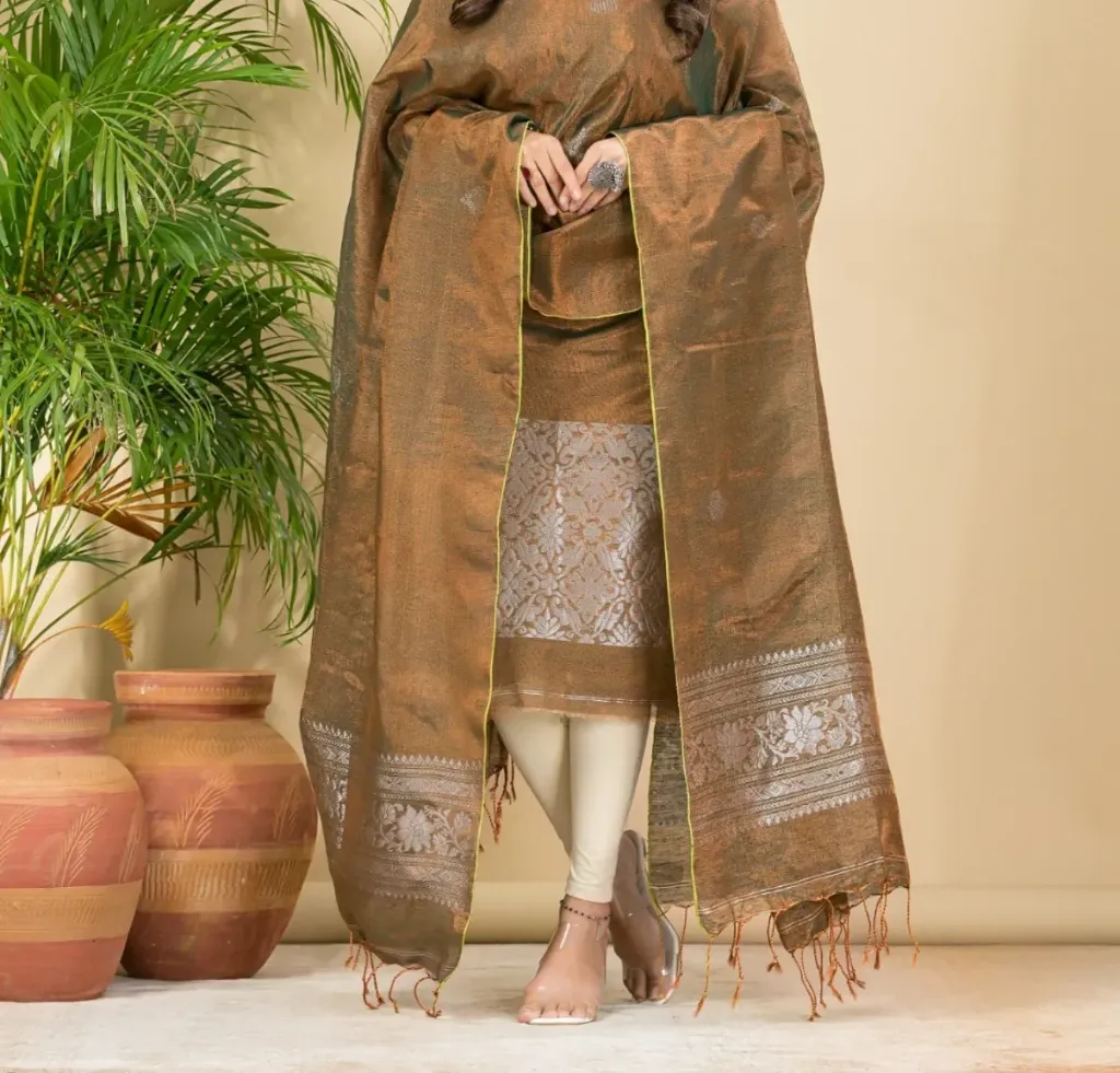 [Kurti-LWJKLBN-156] Linen Weaving Jamdani Kurti  (Light Brown)