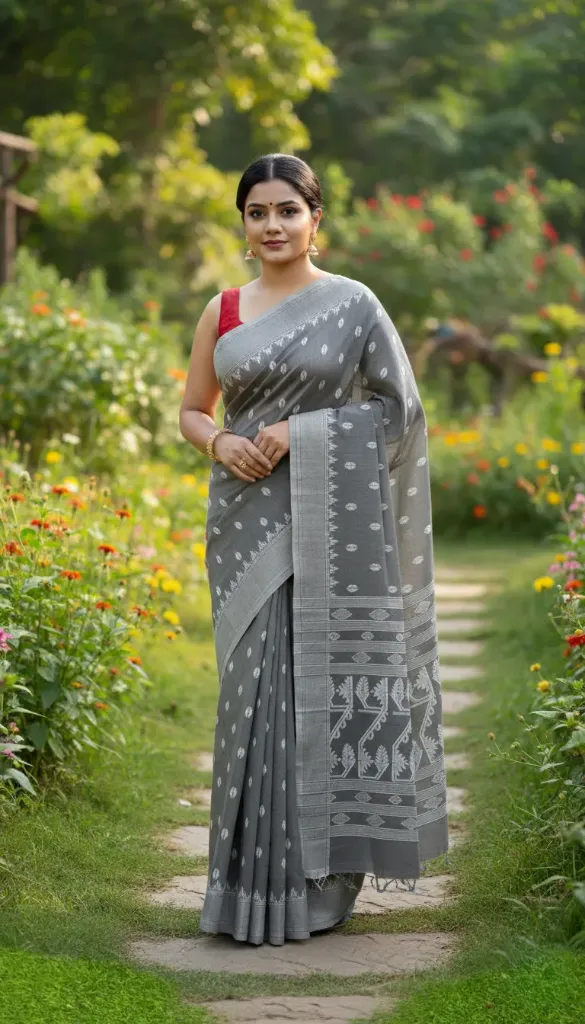 [Saree-DARGRE-176] Pure Cotton Handweaven Jamdani (Dark Grey)