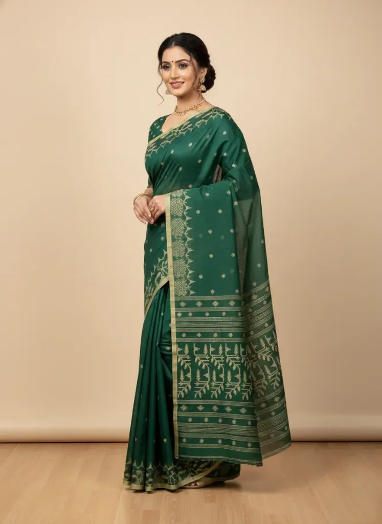 [Saree-DEEGRE-192] Tantuja Cotton Jamdani Saree (Deep Green)