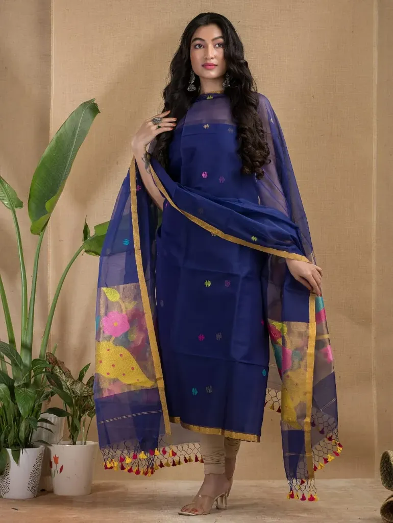 [Suitset-NAVBLU-204] Muslin Paithani Tissue Suits Set (Navy Blue)