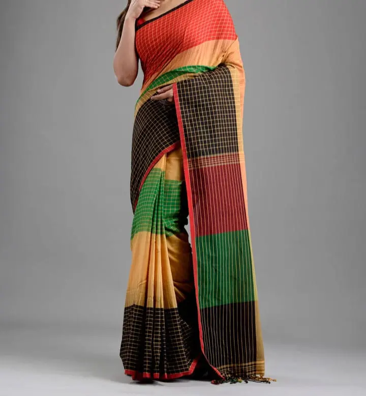 [Saree-MLTCHK-012] Handloom Ikkat 3D Cotton Saree: Multicolored Checks